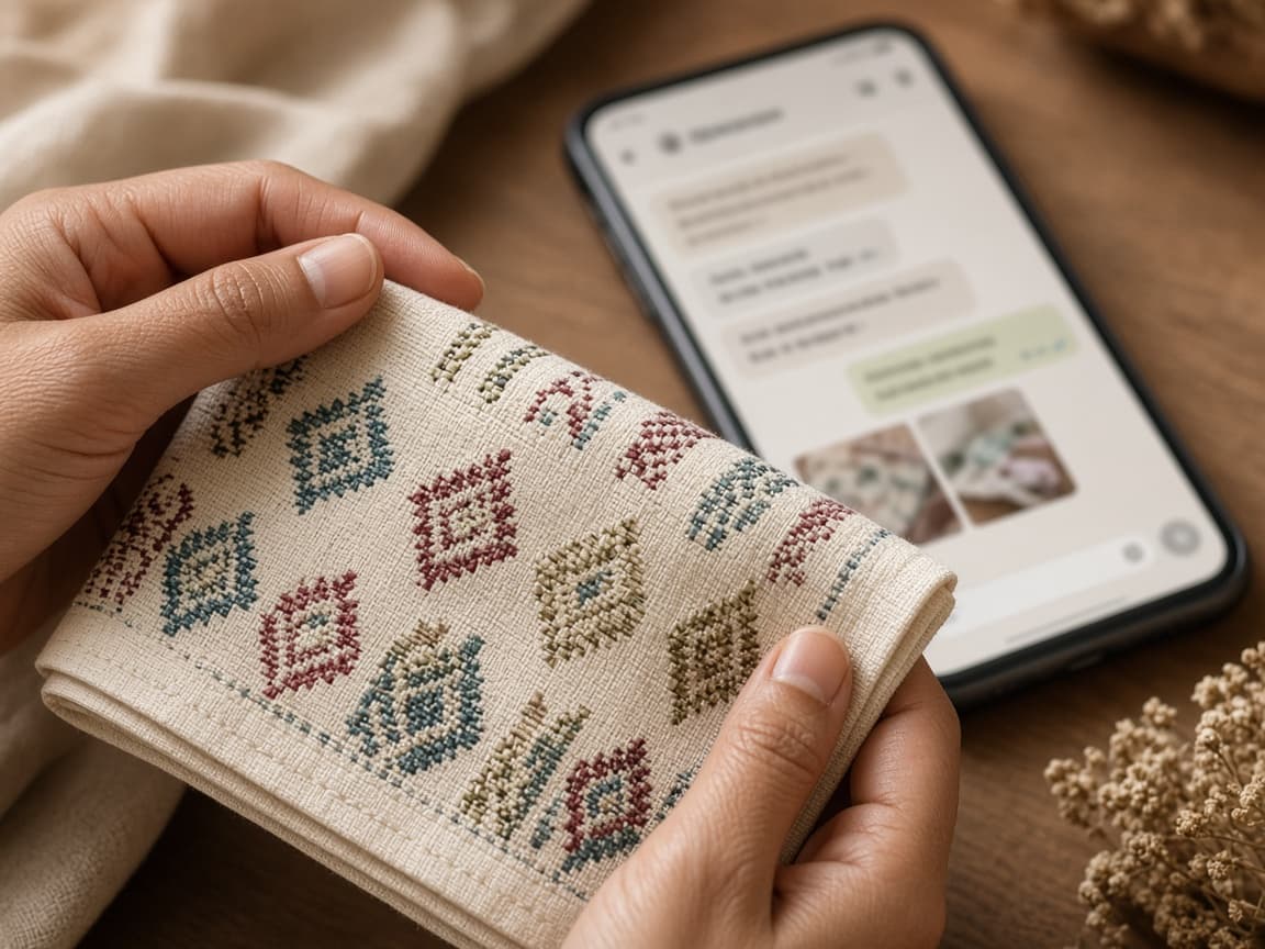 Craft textile beside a phone showing a shopping chat