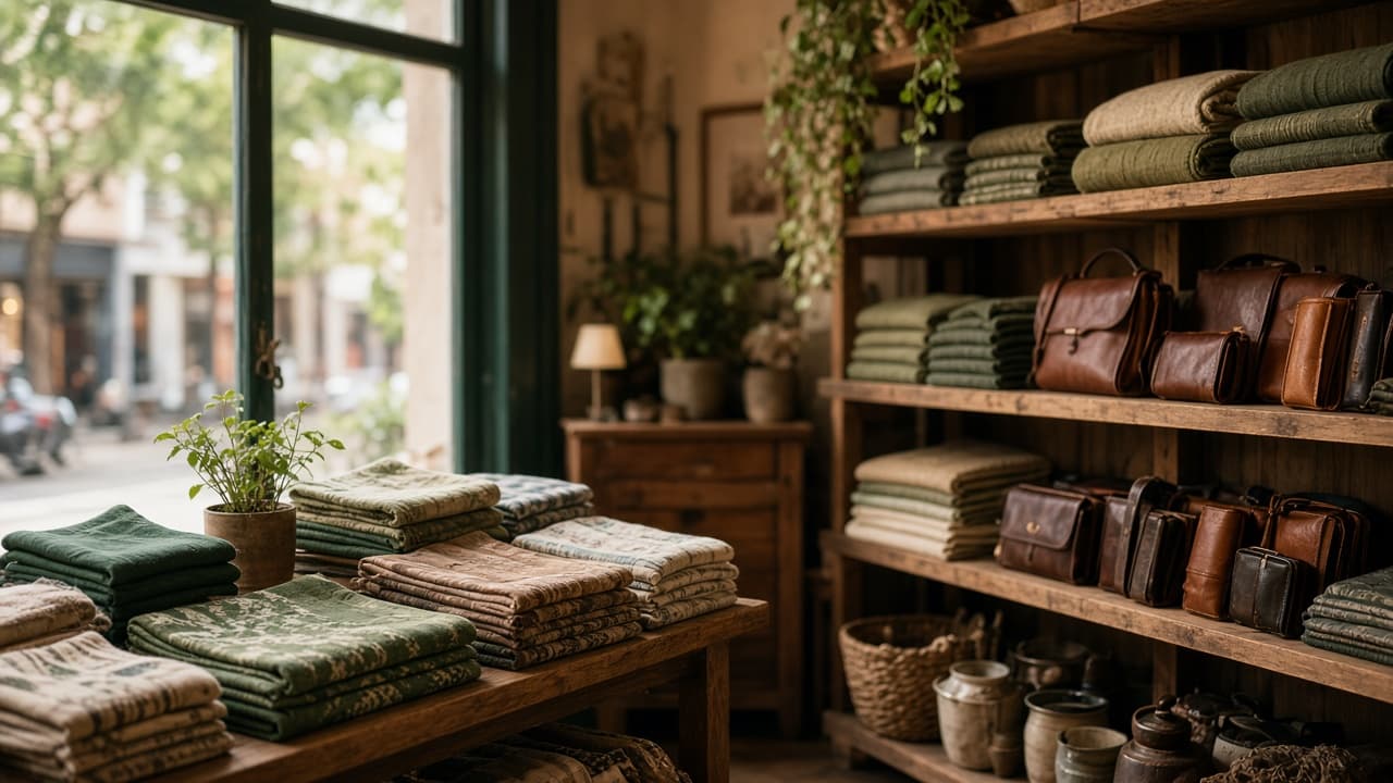 Independent boutique with textiles and leather goods on wooden shelves