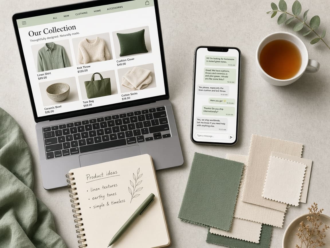 Merchant desk with laptop catalog and phone chat